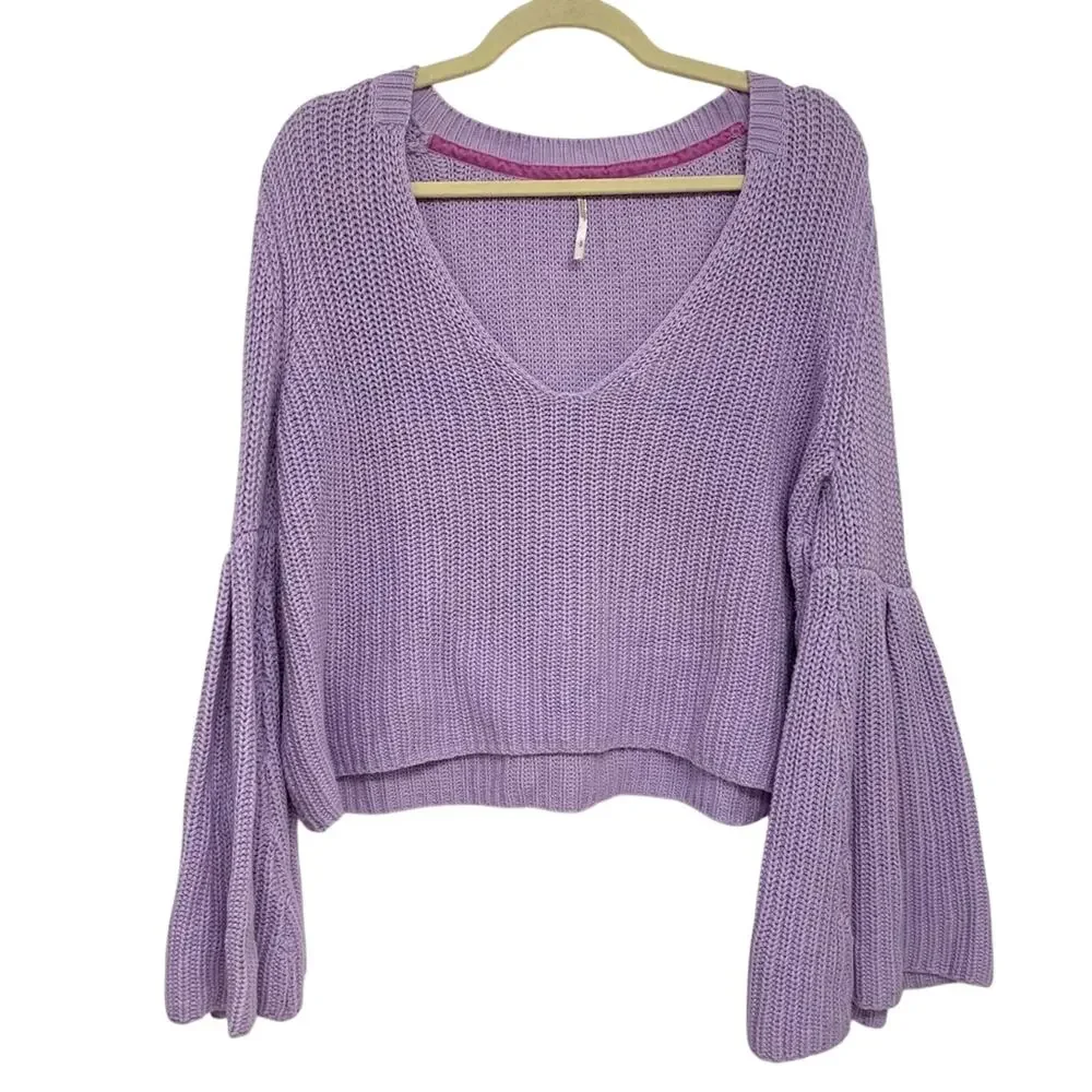 Free People Lavender Ribbed Knit Flare Sleeve V Neck Sweater Womens S Oversized